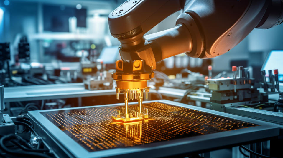 A technician operating a robotic arm on a production line of semiconductor chips.