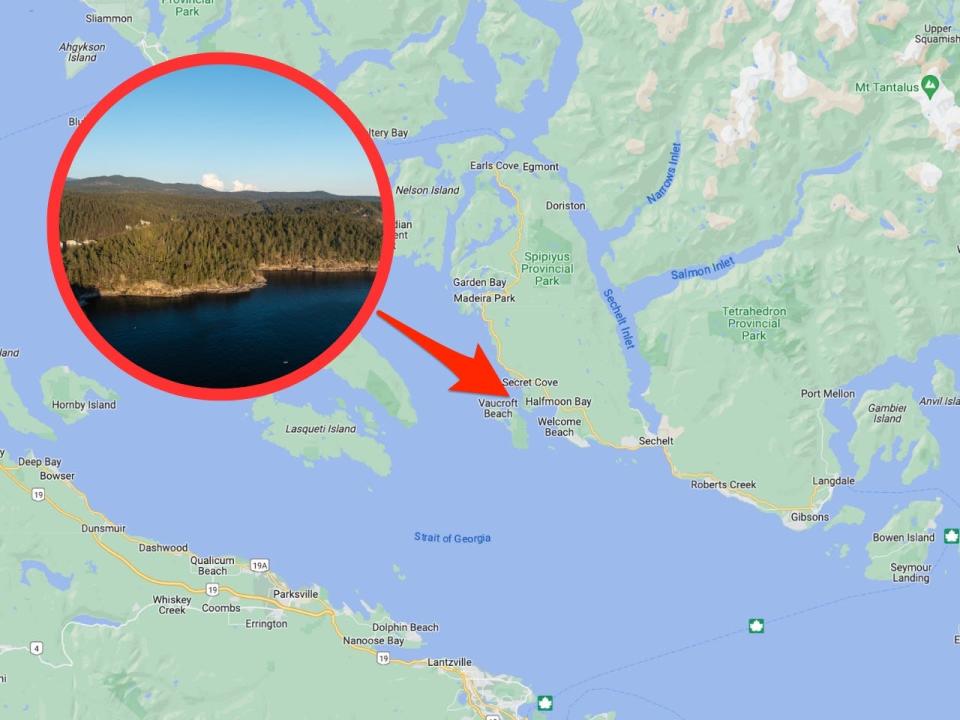 Turnagain Island is located within Halfmoon Bay in British Columbia, Canada.
