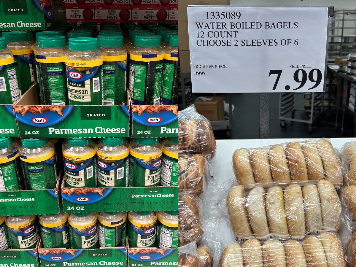 display of kraft parmesan cheese containers with green labels in a costco next to image of 7.99 price sign above bags of plain bagels