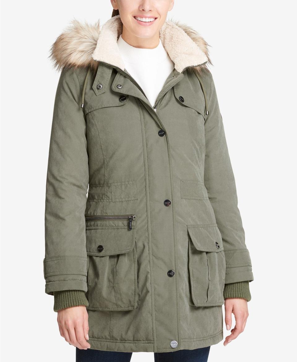 Water resistant and warm, this <strong><a href="https://www.macys.com/shop/product/dkny-faux-fur-trim-fleece-lined-anorak-coat?ID=6408525" target="_blank" rel="noopener noreferrer">DKNY Faux-Fur-Trim Fleece-Lined Anorak Coat</a> </strong>is available in three different colors and sizes XXS to L.<br />&lt;br&gt;<strong>Price: $130</strong>