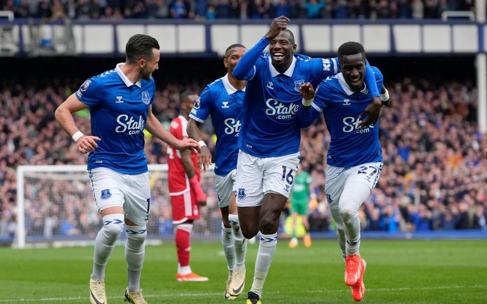 Everton players wheel away in delight after Idrissa Gueye scores a key opening goal against Nottingham Forest