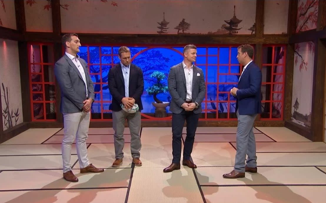 Warburton, Wilkinson and O'Driscoll were criticised after they were spotted analysing games in the annex in full footwear on the opening day of the tournament - ITV
