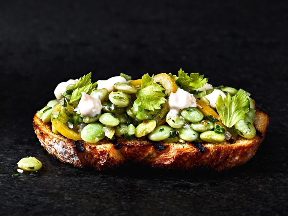 Garlic Toasts with Lemon Aioli and Marinated Beans