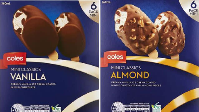 Coles has issued a recall of its own ice cream brand over fears two products might contain metal fragments. Source: Supplied