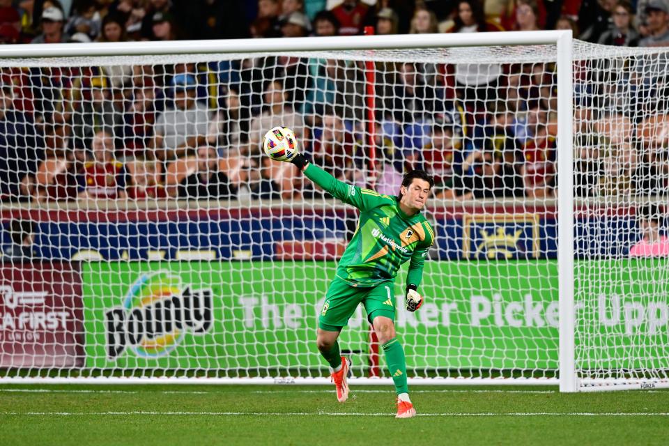 Apr 13, 2024; Sandy, Utah, USA; Columbus Crew goalkeeper Nicholas Hagen (1) throws the ball during the second half against Real Salt Lake at America First Field. Mandatory Credit: Christopher Creveling-USA TODAY Sports