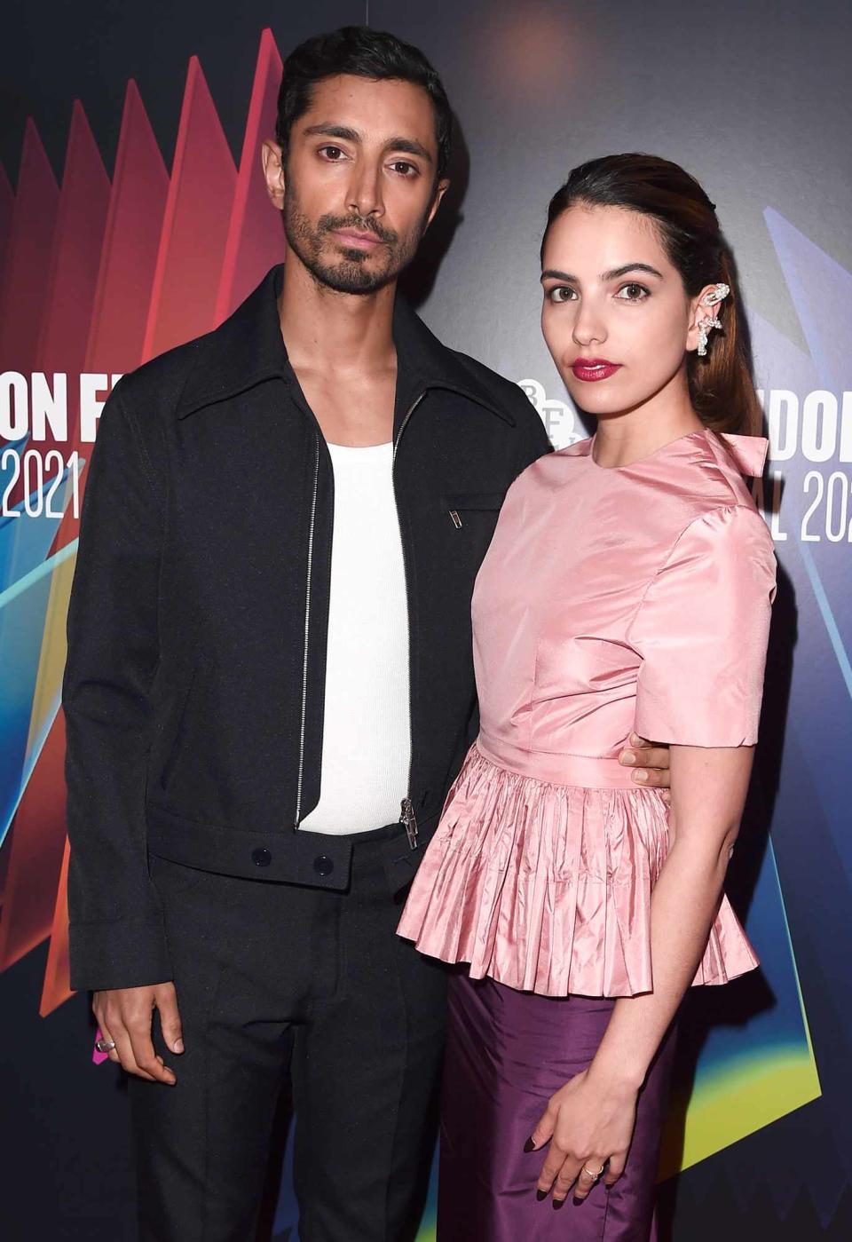 Riz Ahmed and Fatima Farheen Mirza attend the "Encounter" European Premiere during the 65th BFI London Film Festival at The Curzon Mayfair on October 08, 2021 in London, England