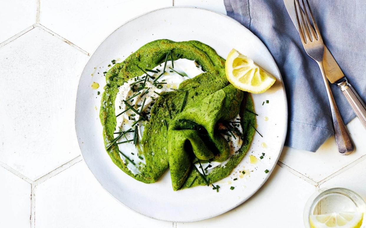 Spinach pancake with cream cheese and chives - Luke Albert