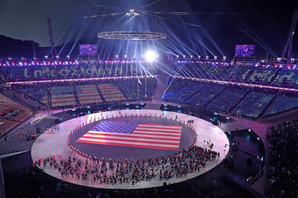 <p>A general view as Flag bearer Erin Hamlin of the United States and teammates enter the stadium during the Opening Ceremony of the PyeongChang 2018 Winter Olympic Games at PyeongChang Olympic Stadium on February 9, 2018 in Pyeongchang-gun, South Korea. (Photo by Richard Heathcote/Getty Images) </p>