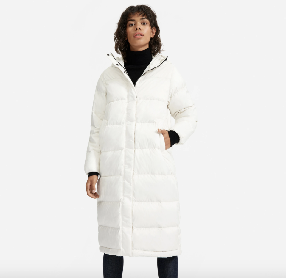 white coat, puffer, everlane