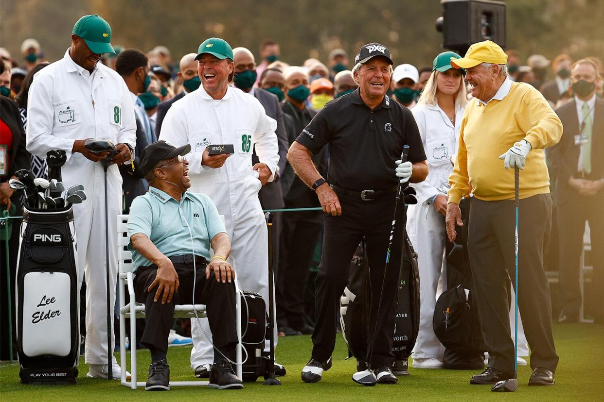 Honorary Starter Lee Elder of the United States (L), honorary starter and Masters champion Gary Player of South Africa and honorary starter and Masters champion Jack Nicklaus