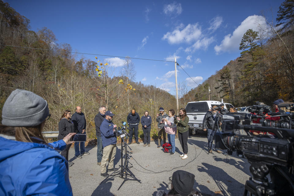 Kentucky Emergency Management Director Jeremy Slinker speaks to members of the media about the rescue operation underway for a worker trapped inside a collapsed coal preparation plant in Martin County, south of Inez, Ky., on Wednesday, Nov. 1, 2023. Officials said one worker died. (Ryan C. Hermens/Lexington Herald-Leader via AP)