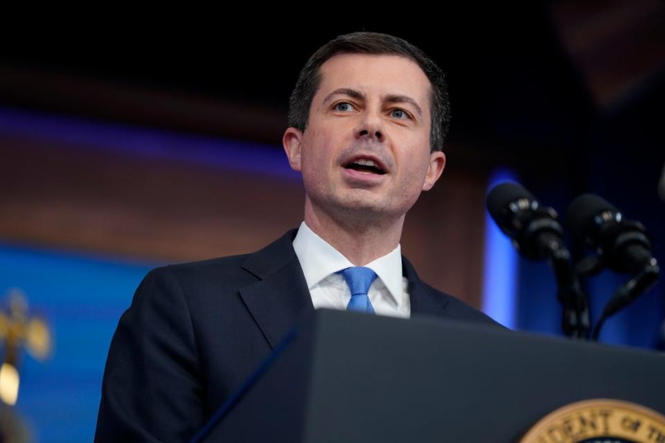 FILE - Transportation Secretary Pete Buttigieg speaks about airline flight delays and cancellations in the South Court Auditorium on the White House complex, May 8, 2023, in Washington. (Copyright 2023 The Associated Press. All rights reserved)
