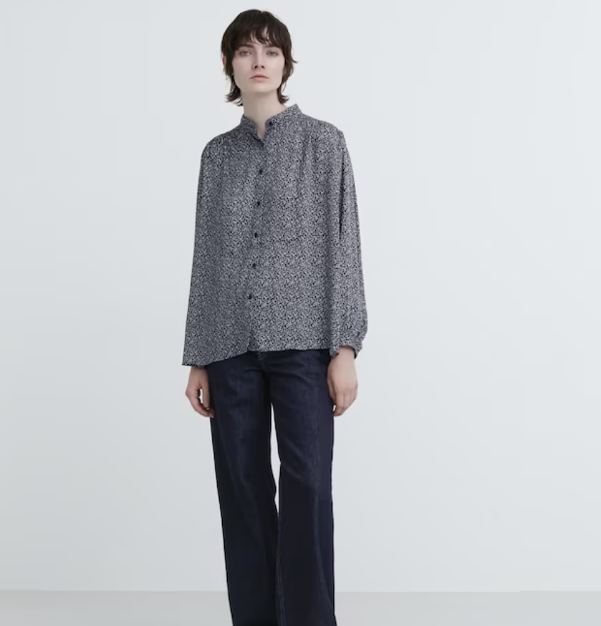 A photo of a model in a Volume Printed Long Sleeve Blouse. (PHOTO: Uniqlo)