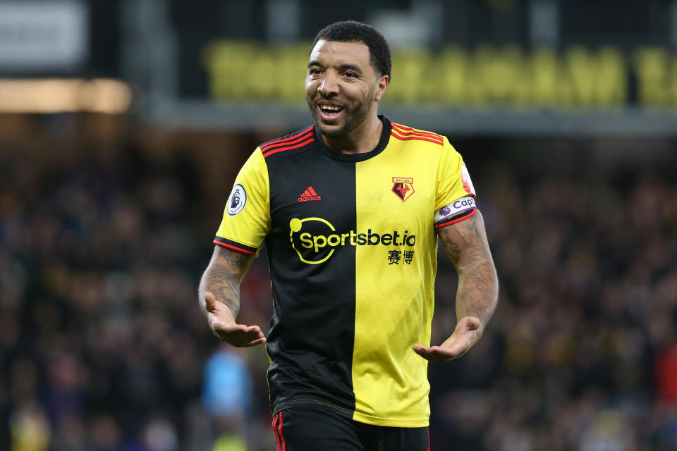 WATFORD, ENGLAND - FEBRUARY 29: Troy Deeney of Watford celebrates their opening goal during the Premier League match between Watford FC and Liverpool FC at Vicarage Road on February 29, 2020 in Watford, United Kingdom. (Photo by Charlotte Wilson/Offside/Offside via Getty Images)