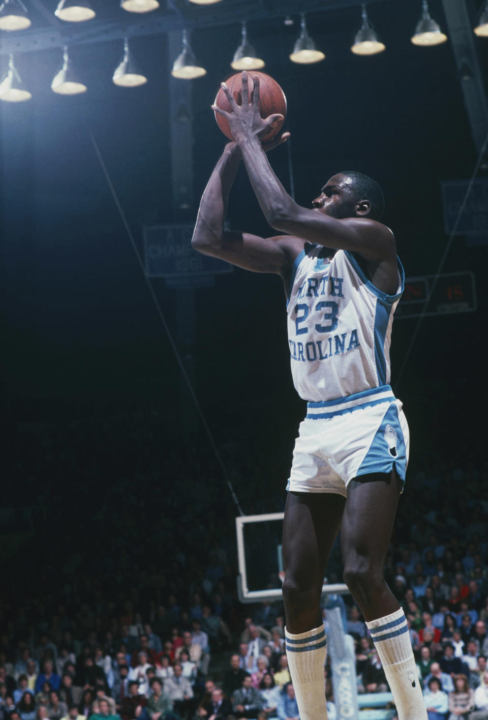 Michael Jordan first gained fame as a freshman at the University of North Carolina when he sank the game-winning jumper in the 1982 NCAA title game that gave the Tar Heels a one-point win over Georgetown. (Getty Images)