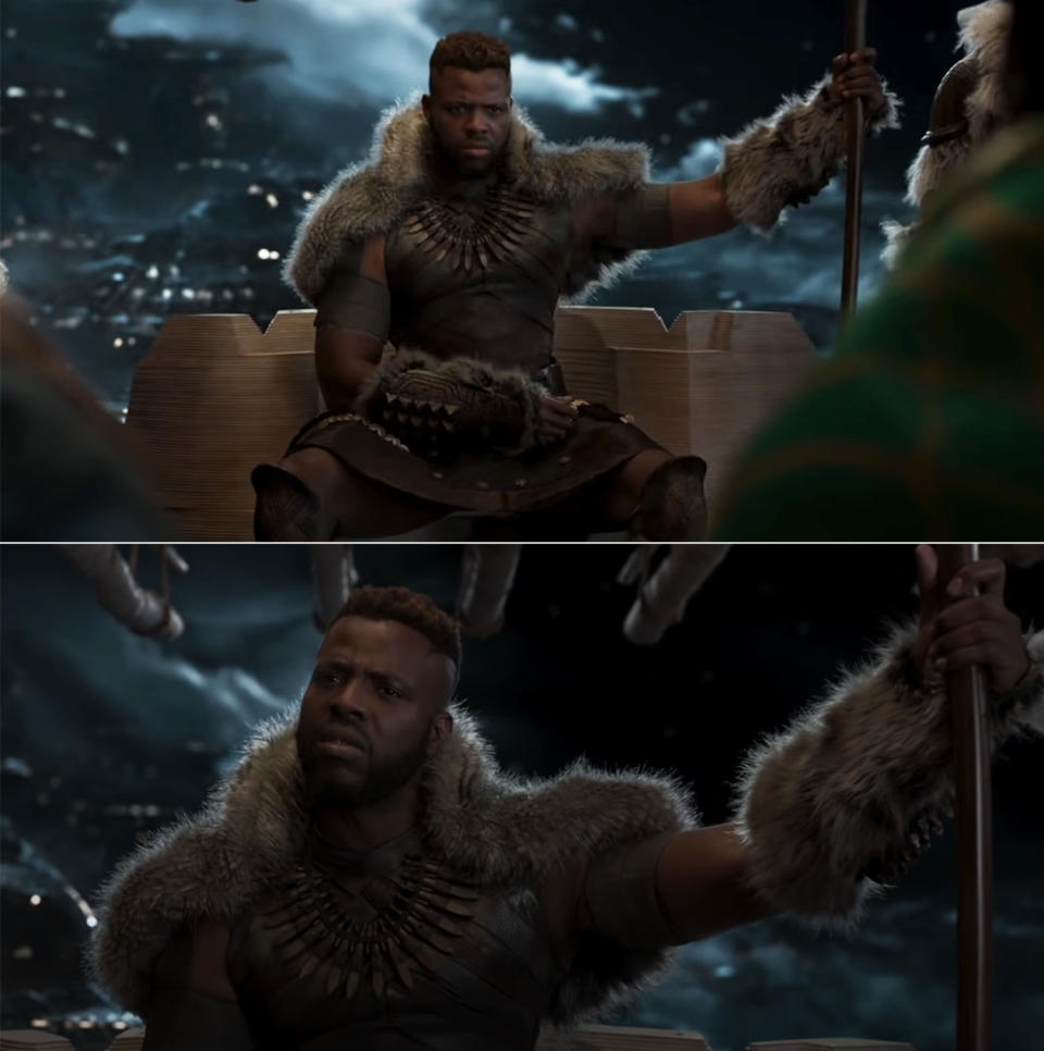 M'Baku, sitting on his throne in "Black Panther," while covered in animal fur