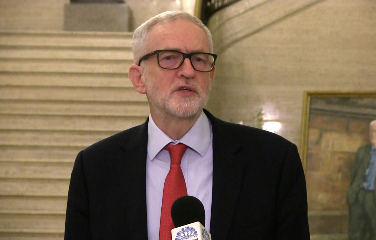 Labour leader Jeremy Corbyn speaking to the media during a visit to Parliament Buildings, Stormont, Belfast, Northern Ireland.