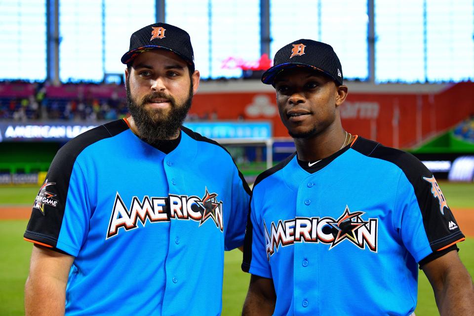 Tigers pitcher Michael Fulmer and leftfielder Justin Upton look on during Gatorade All-Star Workout Day ahead of the 88th MLB All-Star Game at Marlins Park on July 10, 2017.