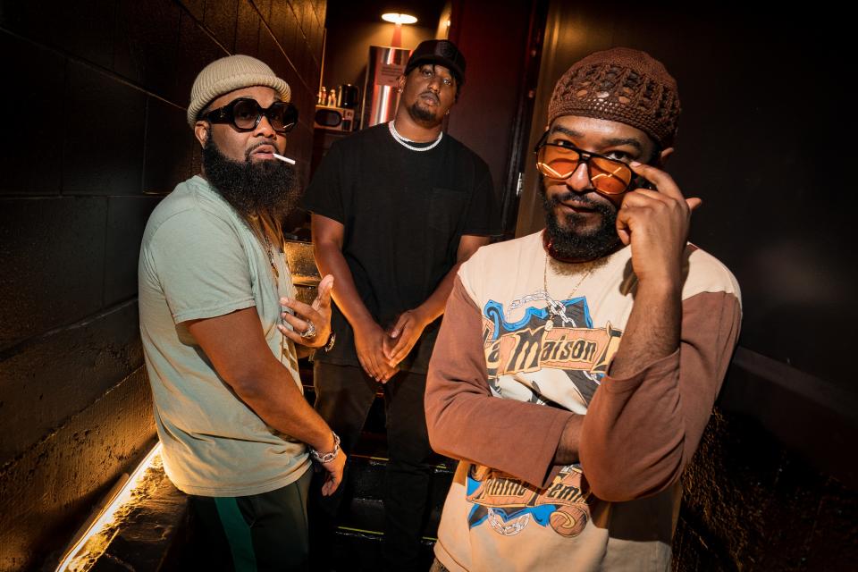From left, Blanco Brown, RVSHVD, and Willie Jones pose for a portrait at the Exit/In in Nashville, Tenn., Friday, April 21, 2023.