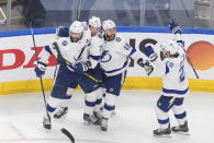 Tampa Bay Lightning center Anthony Cirelli (71) celebrates his overtime goal against the New York Islanders in Game 6 of the NHL hockey Eastern Conference final, Thursday, Sept. 17, 2020, in Edmonton, Alberta. (Jason Franson/The Canadian Press via AP)