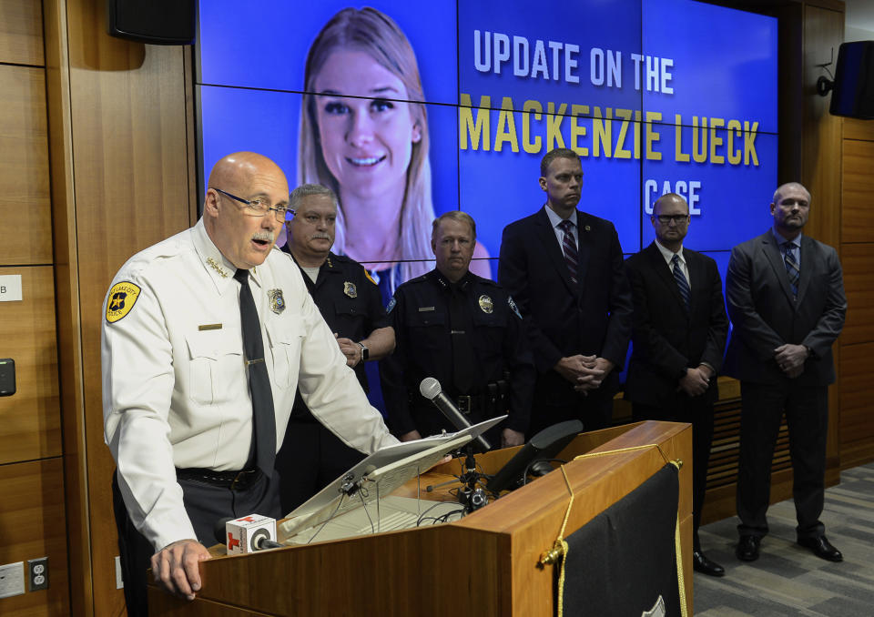 FILE - In this June 28, 2019, file photo, Salt Lake City Police Chief Mike Brown speaks at a news conference, in Salt Lake City. Authorities investigating the death of Utah college student Mackenzie Lueck have searched dating sites for both her and the man charged in her death. Court documents outlining evidence gathered against 31-year-old tech worker Ayoola Ajayi include a search of the site Seeking Arrangement, which bills itself as a way for wealthy "sugar daddies" to meet women known as "sugar babies." The document shows authorities also searched Tinder, Instagram, Snapchat and Facebook. It doesn't detail what evidence was found. Police and prosecutors have not said how the two met or disclosed a motive for the killing. They would not comment Tuesday, July 30, 2019. (Francisco Kjolseth/The Salt Lake Tribune via AP, File)