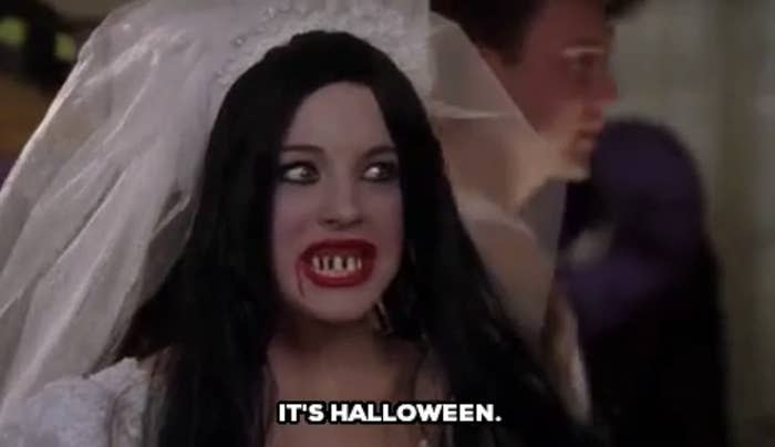Mean girls scene with Cadie dressed up in a Halloween costume with caption "It's Halloween"