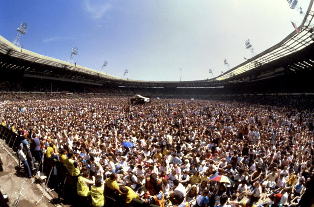 A huge crowd gathered for the Live Aid charity concert held at Wembley Stadium on July 13, 1985 to raise money for victims of the famine in Ethiopia