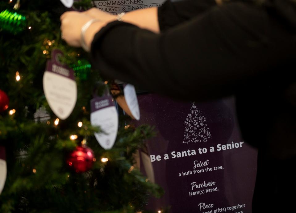 Therese Zdesar, president of the Portage County office of Home Instead Senior Care, adds a bulb to the tree near a sign explaining the program in the Portage County Administration Building in Ravenna.