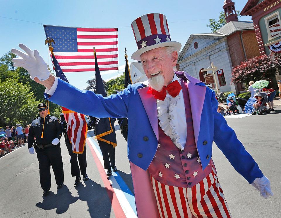 George Ford leads the annual July 4th parade down Main Street in Hingham in 2022.