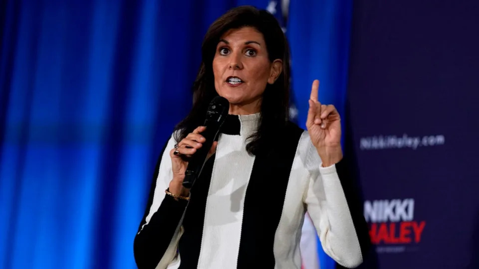 PHOTO: Republican presidential candidate Nikki Haley speaks during a town hall, Dec. 8, 2023, in Sioux City, Iowa. (Charlie Neibergall/AP)