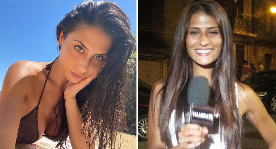 Left, Monica Sirianni can be seen at the beach wearing a bikini. Right, the reality star can be seen smiling while holding a microphone, appearing to address the camera. 