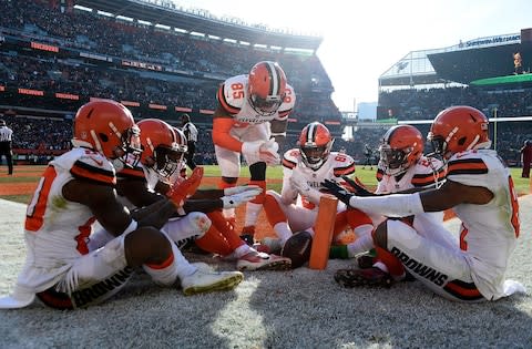 Jarvis Landry #80 of the Cleveland Browns celebrates his touchdown with teammates during the second quarter against the Carolina Panthers during the second quarter at FirstEnergy Stadium - Credit: Jason Miller/Getty Images