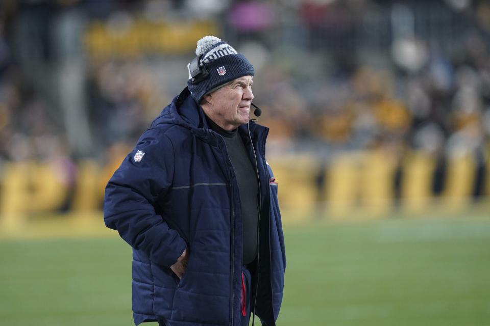 New England Patriots head coach Bill Belichick watches from the sidelines during the second half of an NFL football game against the Pittsburgh Steelers on Thursday, Dec. 7, 2023, in Pittsburgh. (AP Photo/Matt Freed)