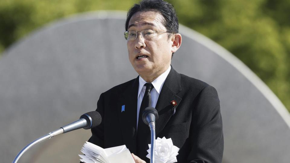 Japan's Prime Minister Fumio Kishida delivers a speech during a ceremony marking the 78th anniversary of the world's first atomic bombing at the Hiroshima Peace Memorial Park in Hiroshima, western Japan Sunday, Aug. 6, 2023. (Kyodo News via AP)