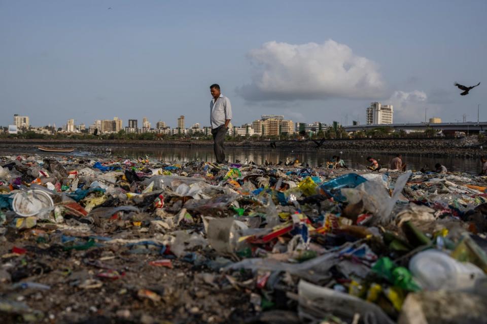 A man walks past plastic and other garbage littering the shores of the Arabian Sea in Mumbai on World Environment Day (AP)