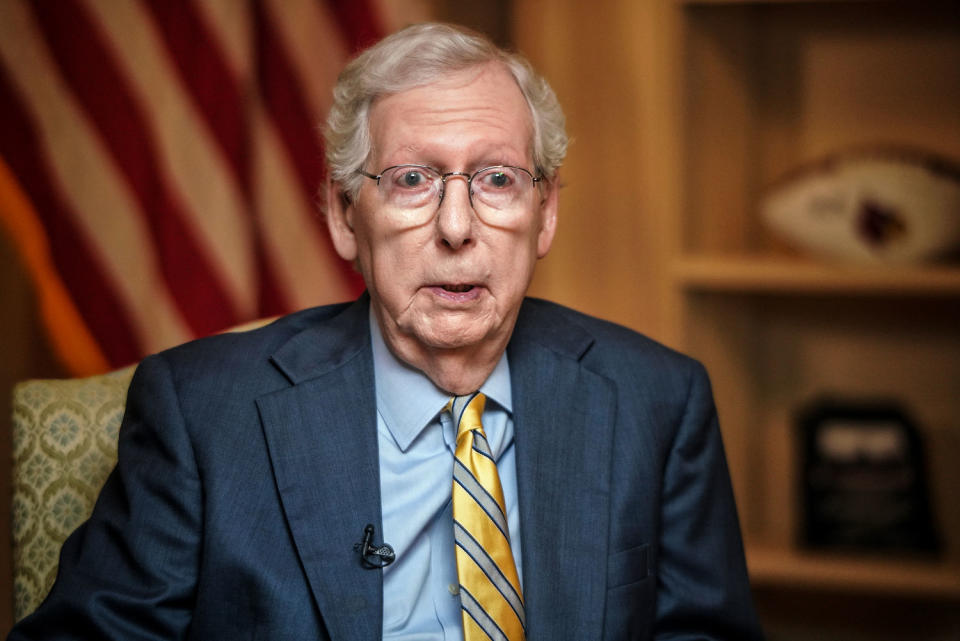 Kristen Welker, the moderator of Meet the Press, interviews Minority Leader Mitch McConnell  on April 25, 2024 in the U.S. Capitol. (Frank Thorp V / NBC News)