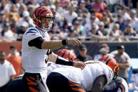 Cincinnati Bengals quarterback Joe Burrow calls a play at the line of scrimmage during the first half of an NFL football game against the Chicago Bears Sunday, Sept. 19, 2021, in Chicago. (AP Photo/Nam Y. Huh)