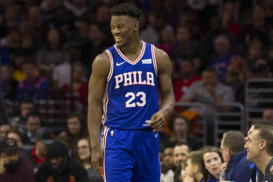 PHILADELPHIA, PA - FEBRUARY 21: Jimmy Butler #23 of the Philadelphia 76ers laughs against the Miami Heat at the Wells Fargo Center on February 21, 2019 in Philadelphia, Pennsylvania. The 76ers defeated the Heat 106-102. NOTE TO USER: User expressly acknowledges and agrees that, by downloading and or using this photograph, User is consenting to the terms and conditions of the Getty Images License Agreement. (Photo by Mitchell Leff/Getty Images)