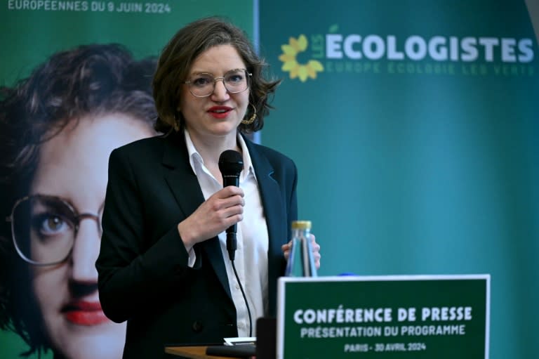 Marie Toussaint, tête de liste écologiste pour les élections européennes, présente son programme le 30 avril 2024 à Paris (Miguel MEDINA)