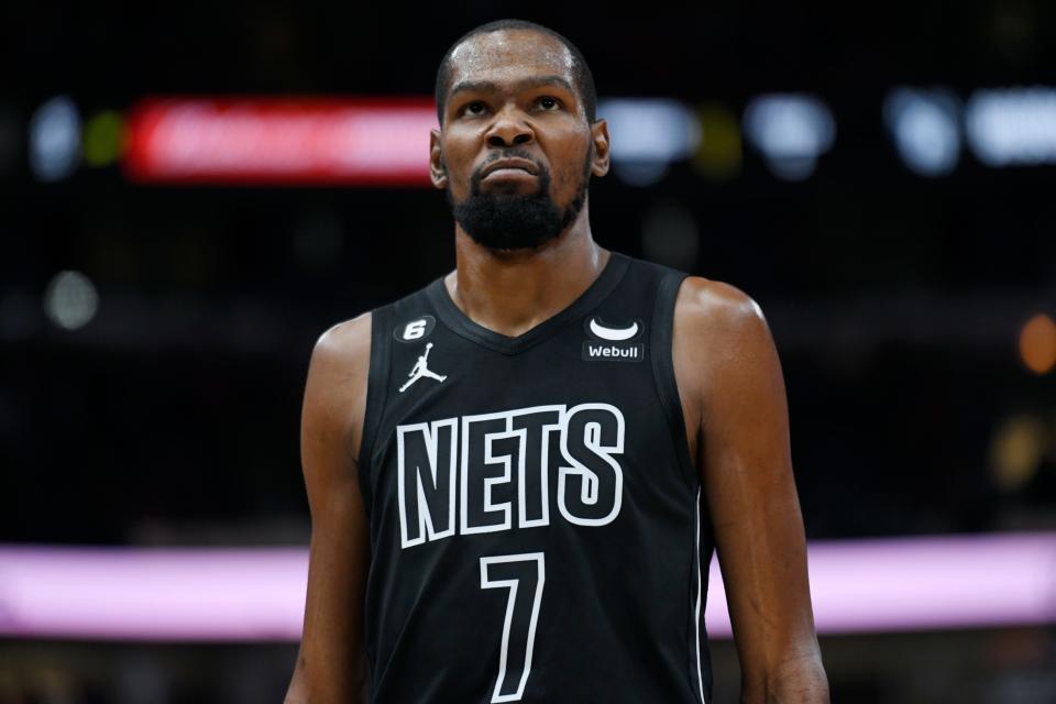 Brooklyn Nets' Kevin Durant reacts during the final seconds of the team's NBA basketball game against the Chicago Bulls on Wednesday, Jan. 4, 2023, in Chicago. The Bulls won 121-112. (AP Photo/Paul Beaty)