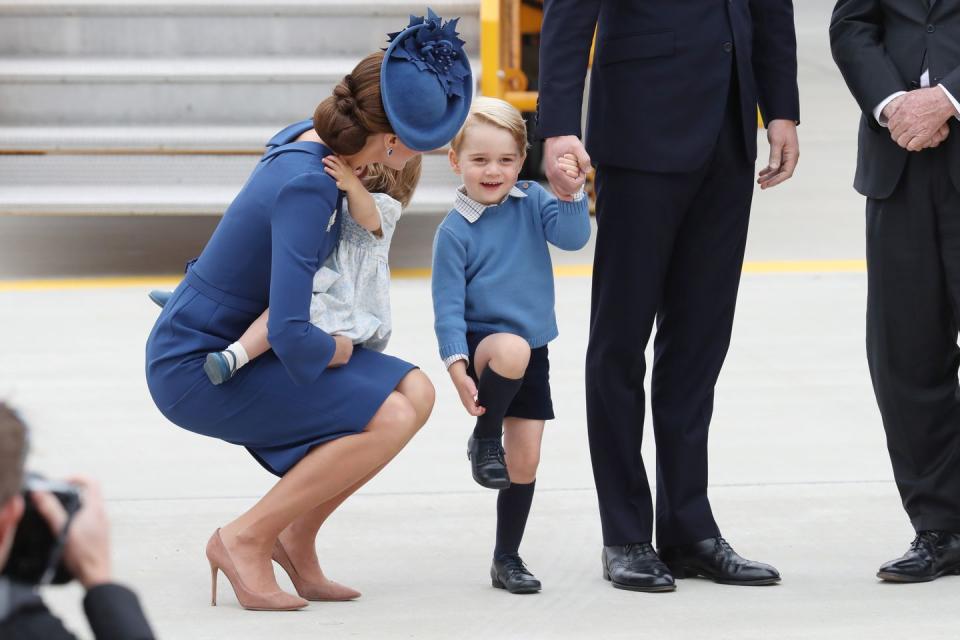 <p>Prince George kicked off the Royal Tour of Canada in a blue jumper and shorts. </p><p><strong>Read more: </strong><a href="https://www.townandcountrymag.com/society/tradition/a8113/why-prince-george-is-always-wearing-shorts/" rel="nofollow noopener" target="_blank" data-ylk="slk:Why Prince George Is Always Wearing Shorts;elm:context_link;itc:0;sec:content-canvas" class="link ">Why Prince George Is Always Wearing Shorts</a></p>