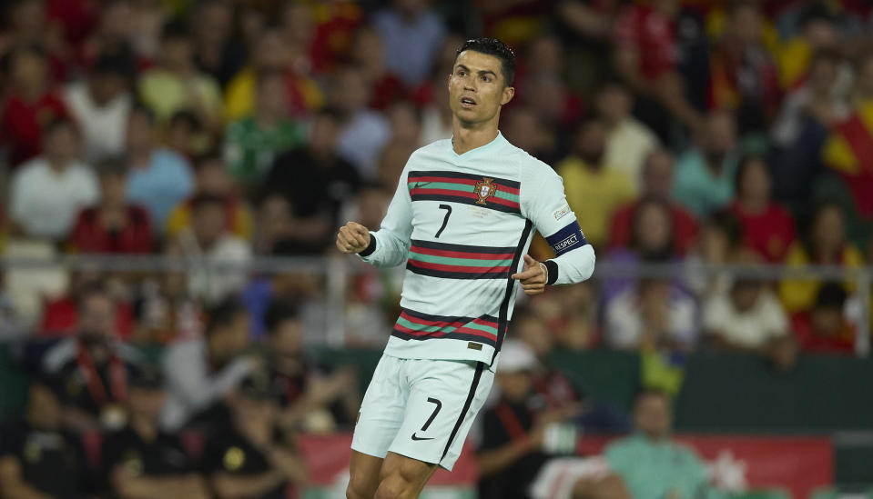 SEVILLE, SPAIN - JUNE 02: Cristiano Ronaldo of Portugal looks on during the UEFA Nations League League A Group 2 match between Spain and Portugal at Estadio Benito Villamarin on June 2, 2022 in Seville, Spain. (Photo by Berengui/DeFodi Images via Getty Images)