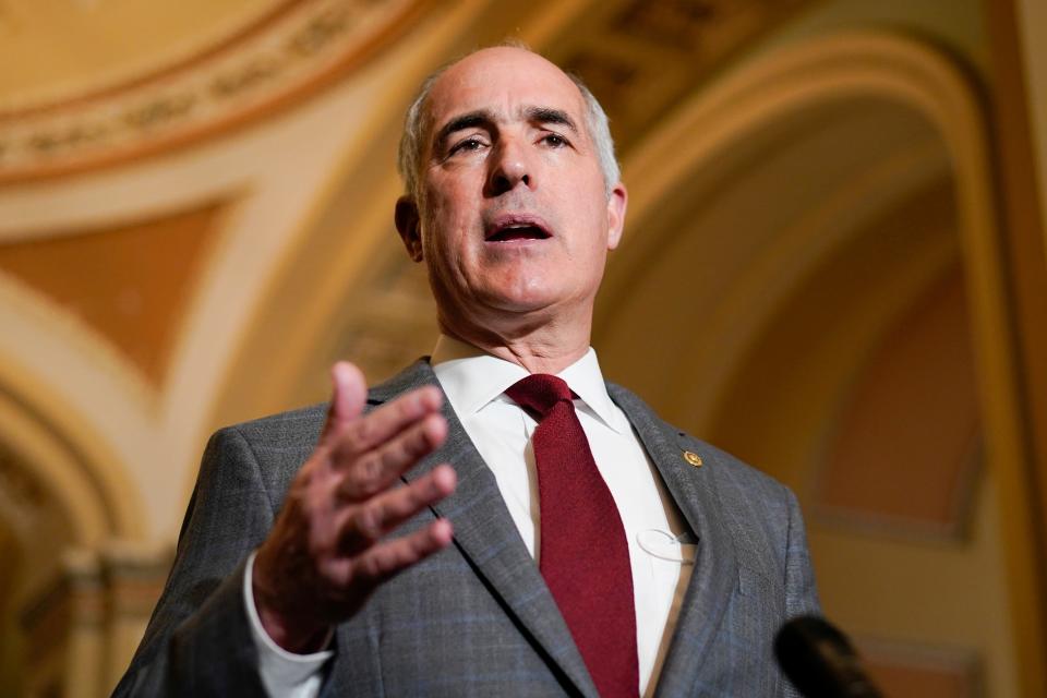 Sen. Bob Casey, D-Pa., introduced a bill Thursday to protect workers from spying bosses, which he said is prompted by increased surveillance in the remote-work era. In this file photo, he speaks during a news conference on Capitol Hill in Washington, D.C., on Dec. 7, 2021.