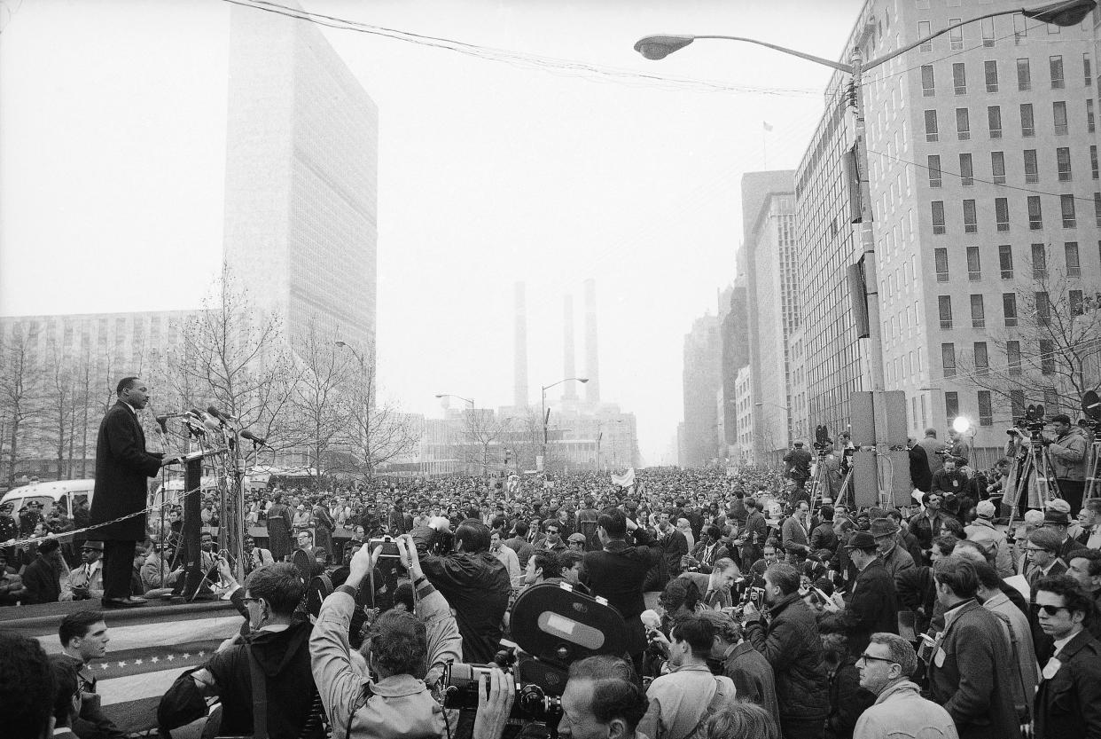 King leads a Vietnam War protest on April 15, 1967, in New York City, attracting 125,000 people, many of whom joined him in voicing a repeated demand to “stop the bombing.” (Photo: AP)