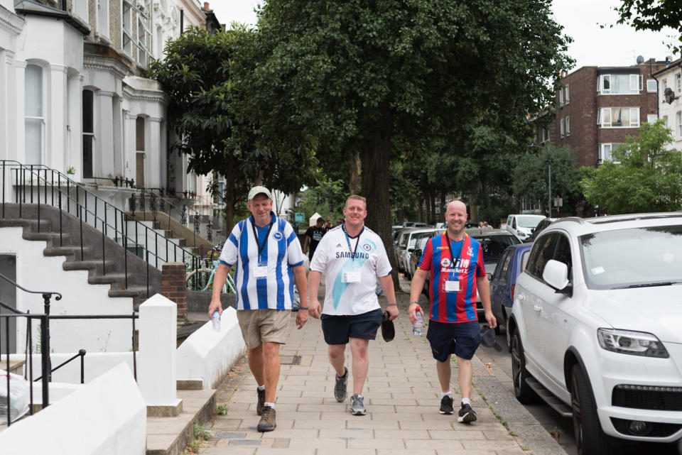 Rivals to friends: Brighton and Palace fans join the march together