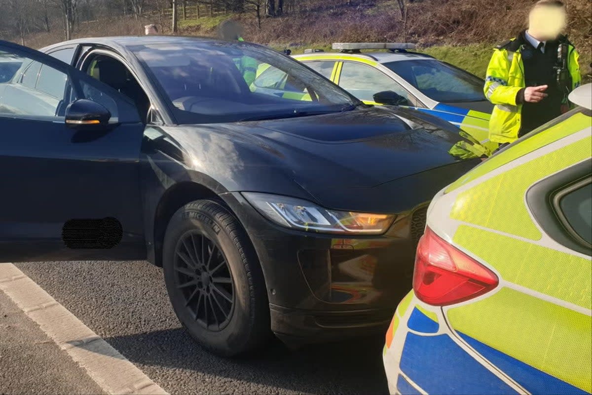 The Jaguar had to be brought to a stop by police on the M62 (@NWmwaypolice)