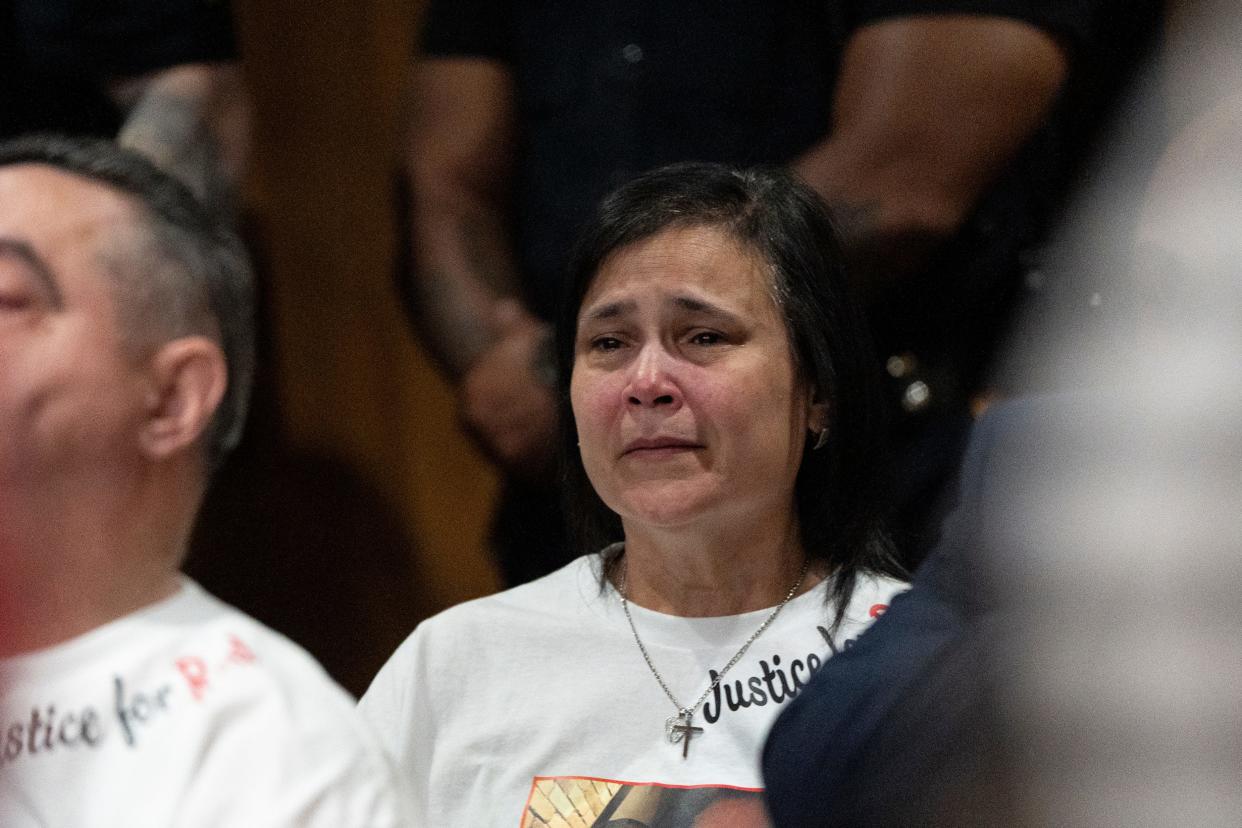 May 9, 2024; Paterson, N.J.; Paulina Vargas, Stephanie DeJesus' mother, is shown during Justin Fisher's sentencing at the Passaic County Courthouse on Thursday. Fisher, accused of killing Stephanie DeJesus, pleaded guilty to second-degree desecration of human remains and third-degree hindering apprehension in DeJesus' murder.