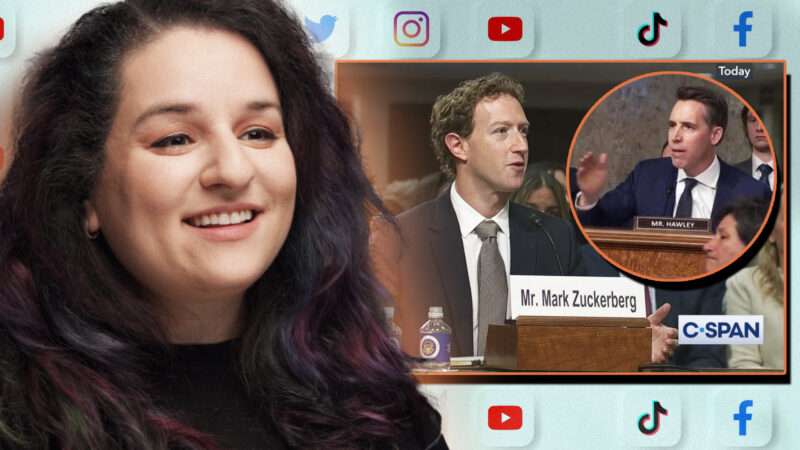 Shoshana Weissmann's headshot on top of social media icons and images from Congressional hearings