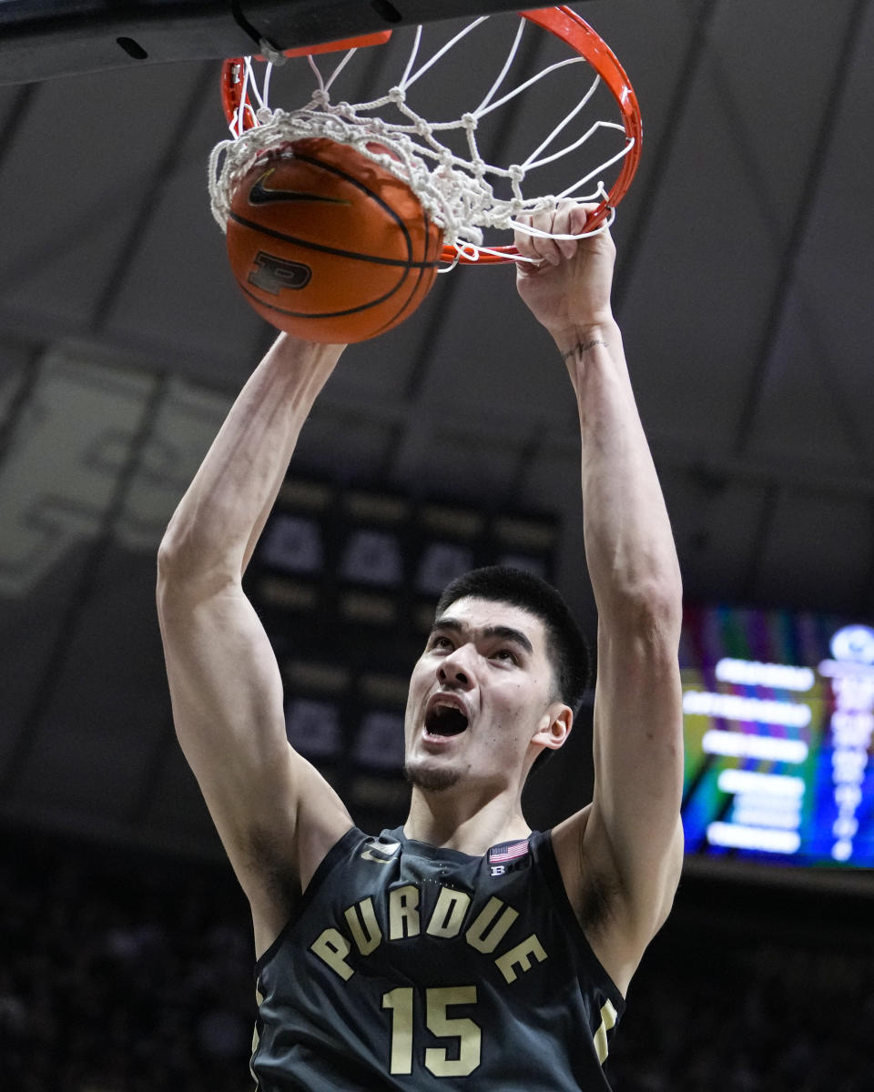 Purdue center Zach Edey (15) get a basket on a dunk against Penn State during the second half of an NCAA college basketball game in West Lafayette, Ind., Wednesday, Feb. 1, 2023. Purdue defeated Penn State 80-60. (AP Photo/Michael Conroy)