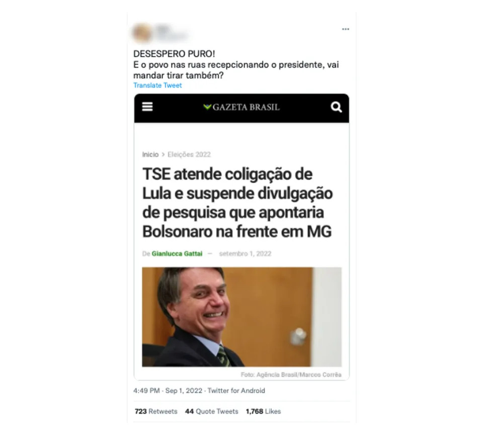 Captura de tela de uma publicação questiona decisão do TSE de suspender pesquisa eleitoral em MG que apontou vantagem de Bolsonaro no segundo turno (Foto: Twitter / Reprodução)